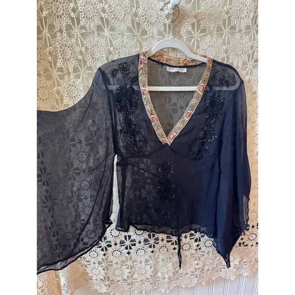 Newport News Tops - Vintage Whimsy Goth Sheer Beaded Sequin Blouse Black Embroidered V-Neck Top